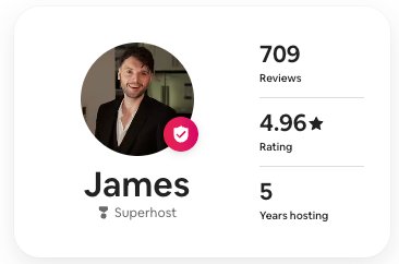 James — Superhost verified profile: 709 reviews, 4.96 star rating, 5 years hosting